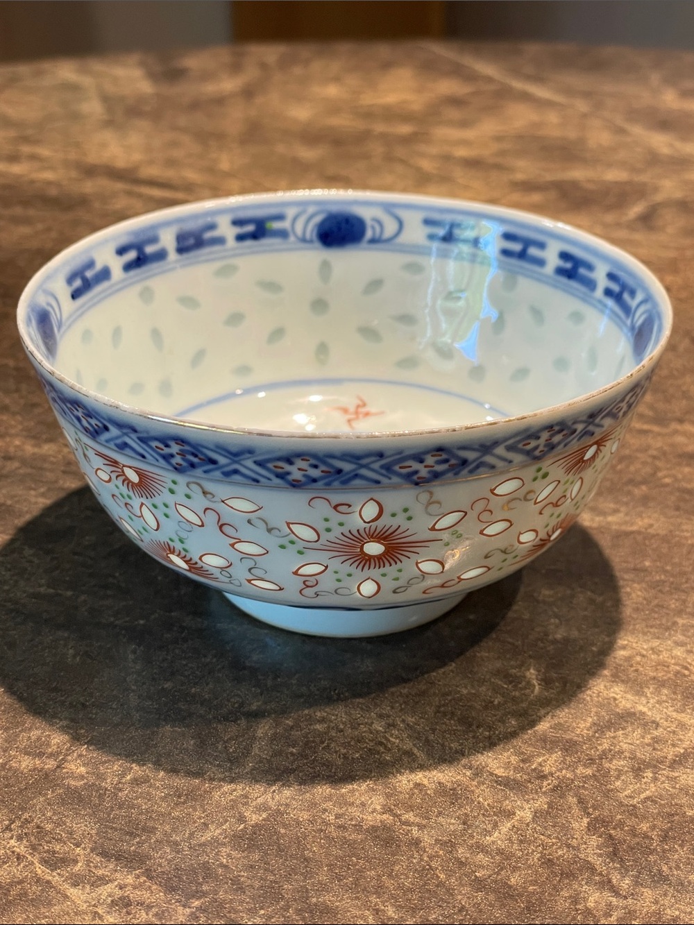 Vintage Chinese Rice Bowl Blue and White Hand-Painted Porcelain Decorative